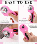Rotary Cutter Set 102 Piece 45Mm With 100 Blades And 2 Ergonomic Handles With Safety Lock For Fabric Leather Sewing Quilting Crafting And Paper Cutting A Killer Value Bundle showing handle operation and safety lock.