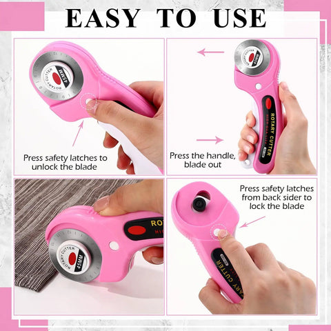 Rotary Cutter Set 102 Piece 45Mm With 100 Blades And 2 Ergonomic Handles With Safety Lock For Fabric Leather Sewing Quilting Crafting And Paper Cutting A Killer Value Bundle showing handle operation and safety lock.