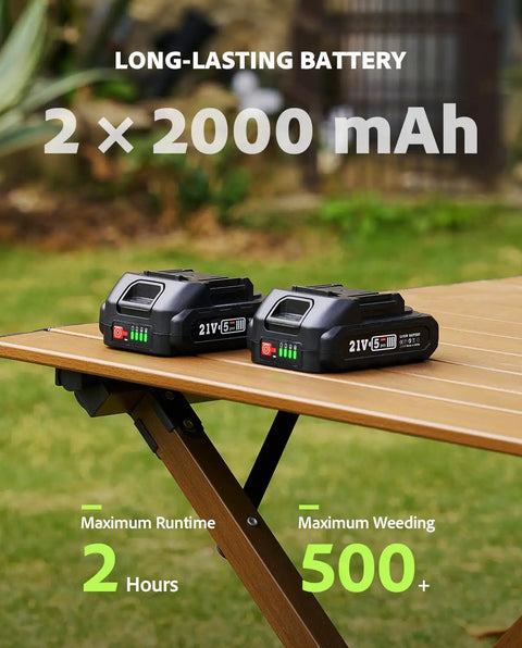 TaskStar 21V Battery Powered Weed Puller Tool With Two 2000Mah Batteries displayed on a wooden table outdoors.