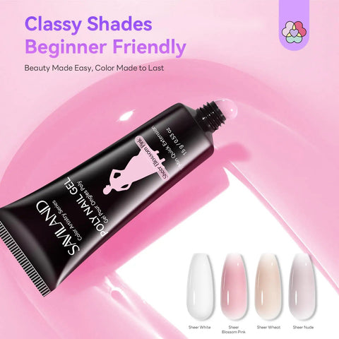 Hema-Free Poly Gel Nail Kit With 4 Colors Natural Clear Polygel For Nails tube with color samples and pink background.