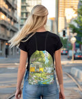 Woman wearing Water Resistant Drawstring Backpack For Camping And Travel With Watercolor Flower Landscape Print, 13x16 inches
