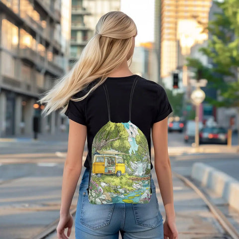 Woman wearing Water Resistant Drawstring Backpack For Camping And Travel With Watercolor Flower Landscape Print, 13x16 inches