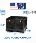 Heavy Duty Collapsible Bulk Container 2000 Pound Capacity Stackable Dump Bin dimensions 48x44.5x33.8 inches, made in USA.