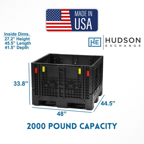 Heavy Duty Collapsible Bulk Container 2000 Pound Capacity Stackable Dump Bin dimensions 48x44.5x33.8 inches, made in USA.