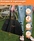 Person carrying a portable fire pit storage bag; features include durability, easy to store and clean, measuring 20 x 11.8 inches.