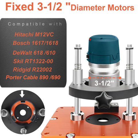Built Like A Tank Router Lift Platform Heavy Duty Design with fixed 3-1/2 inch diameter motor compatibility on a sturdy base.