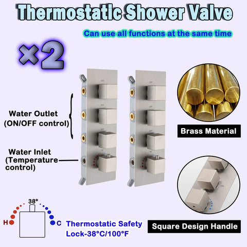 WHSHOWER Brushed Nickel Dual Rain Shower System Bathroom Shower Faucet Set, dual thermostatic shower valves in brass, square design.