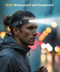 Man wearing Rechargeable Headlamp With Motion Sensor 230 Degree Wide Beam Seven Modes Waterproof in rain