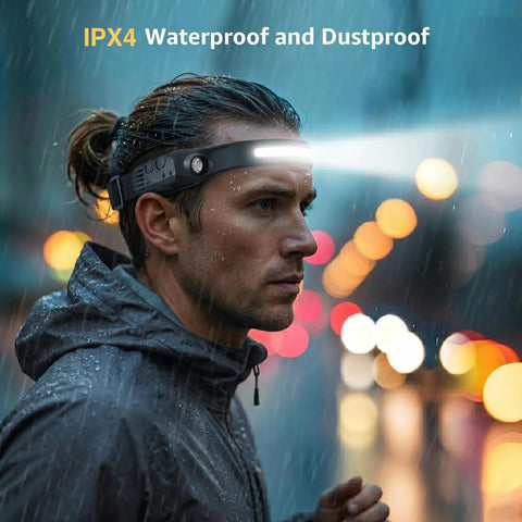 Man wearing Rechargeable Headlamp With Motion Sensor 230 Degree Wide Beam Seven Modes Waterproof in rain