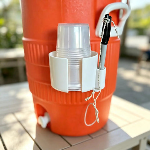Cup Holder Organizer For 5 Gallon Water Cooler Must Have Setups, Cup Dispenser With Marker Storage, White on orange cooler