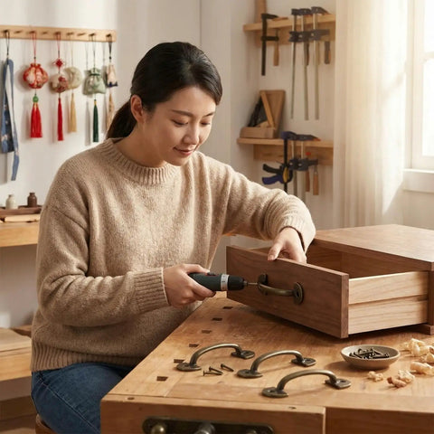 Person installing Vintage Bronze Mini Drawer Pulls 20 Pcs Set, Zinc Alloy Jewelry Box Handles with mounting screws on a drawer