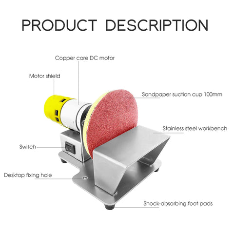 Rip Through Mini Electric Belt Sander And Abrasive Disc Grinding Machine With Seven Speed Control showing stainless steel chassis and motor features.