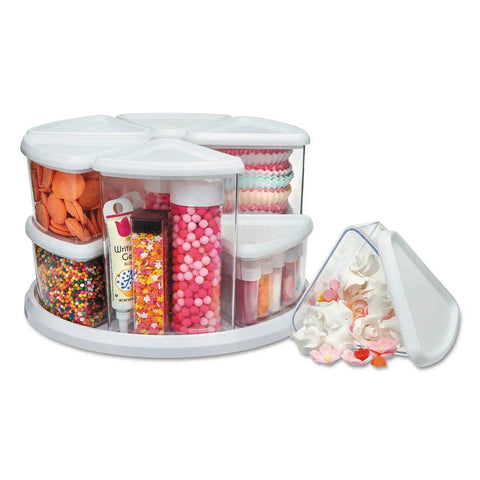 Rotating Craft Organizer Carousel With Nine Removable Canisters And Clear Lids, Grab And Go Access for easy craft storage.