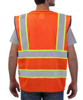 Heavy Duty Hi Vis Reflective Safety Vest For Men And Women Class Two High Visibility Work Vest With Badass Durability And Super Comfy Padded Collar For Job Sites shown from the back, featuring reflective stripes.