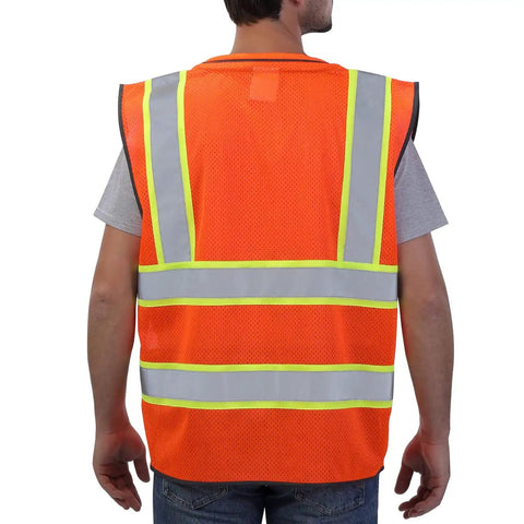 Heavy Duty Hi Vis Reflective Safety Vest For Men And Women Class Two High Visibility Work Vest With Badass Durability And Super Comfy Padded Collar For Job Sites shown from the back, featuring reflective stripes.