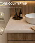 Stone countertop with textured wood finish, showcasing scratch-resistant surface and round sink in freestanding double sink vanity.