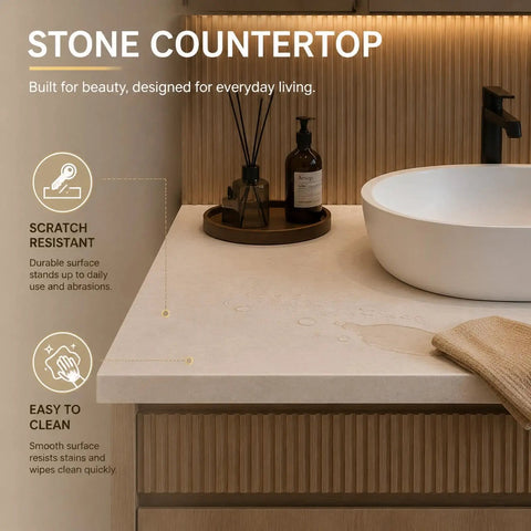 Stone countertop with textured wood finish, showcasing scratch-resistant surface and round sink in freestanding double sink vanity.