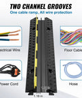 5 Pack Dual Channel Rubber Cable Protector Ramp Beefy For Indoor Outdoor Use Heavy Duty Hose And Wire Cover 12000 Lbs Per Axle Capacity Flip Open Top Driveway Traffic Speed Bump Includes 50 Ft Warning Tape - top view showing grooves and included cable types.