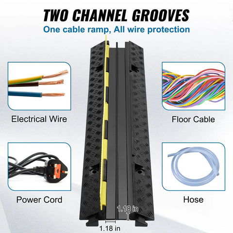 5 Pack Dual Channel Rubber Cable Protector Ramp Beefy For Indoor Outdoor Use Heavy Duty Hose And Wire Cover 12000 Lbs Per Axle Capacity Flip Open Top Driveway Traffic Speed Bump Includes 50 Ft Warning Tape - top view showing grooves and included cable types.