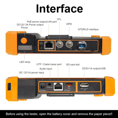 Back view of All In One Handheld OTDR Fiber Optic Tester For Field Techs with interfaces and ports labeled.