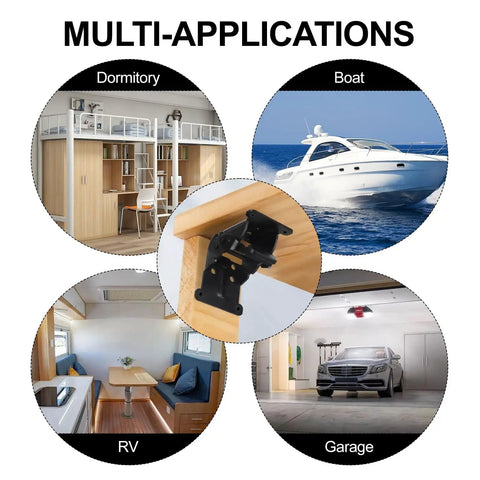 Collage showing self locking folding table hinges usage in dormitory, boat, RV, garage. Central image of the hinge close-up.