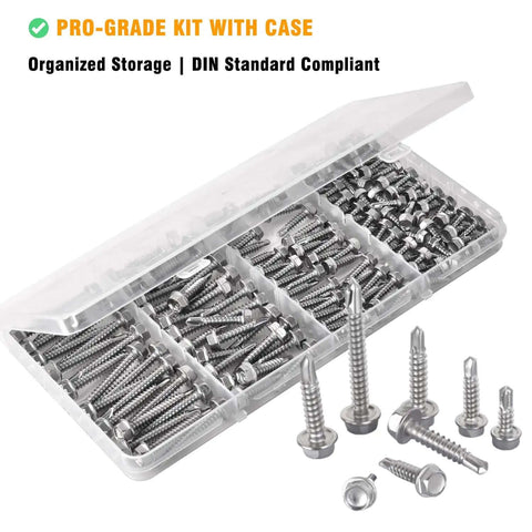 150 Piece Self Drilling Screws Set For Metal Wood Plastic 410 Stainless Steel Self Tapping TEK Screws In Four Sizes with case