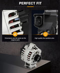Drop-In Alternator Replacement for Ford Fiesta 2011-2019 showing dimensions and four-position pins, reliable battery charging.
