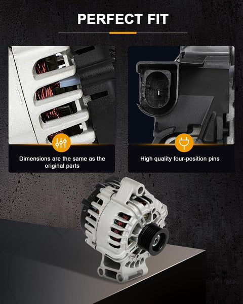 Drop-In Alternator Replacement for Ford Fiesta 2011-2019 showing dimensions and four-position pins, reliable battery charging.