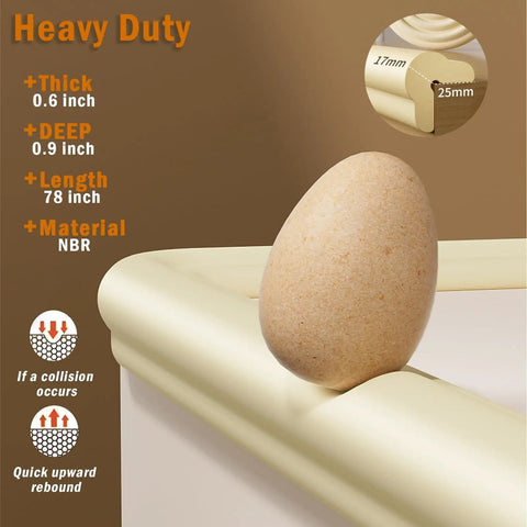 Foolproof Nbr Foam Edge Guards For Baby Proofing Living Space Plus Four Molded Corner Bumpers displayed with dimensions and egg on edge.