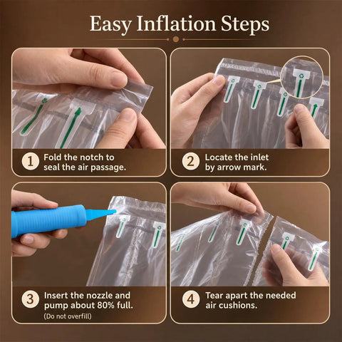 Inflation steps for Heavy Duty Air Pillows For Shipping And Moving, 200 Pack Void Fillers with hand pump included