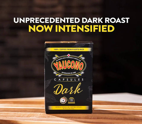 Your Go To Dark Roast Espresso Capsules 18 Count Pack Compatible With Nespresso Machines 100 Percent Puerto Rican Coffee Resealable Box Smooth Balanced Full Bodied Bold Flavor box on wooden table.