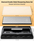 Double Sided Diamond Whetstone 400/1000 Grit With Honeycomb Surface Knife Sharpener Stone Angle Guide And Non Slip Base For Outdoor Kitchen And Everyday Tool Sharpening shown with protective cover and base.