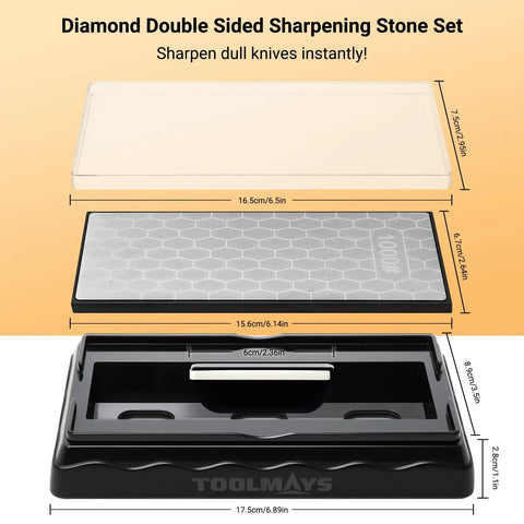 Double Sided Diamond Whetstone 400/1000 Grit With Honeycomb Surface Knife Sharpener Stone Angle Guide And Non Slip Base For Outdoor Kitchen And Everyday Tool Sharpening shown with protective cover and base.