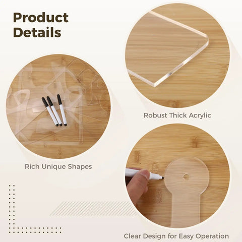Product details of Premium Thick Acrylic Router Template Kit Featuring Six Charcuterie Handles And Two Tray Gauges, showing stencils and pens.