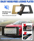 Real Carbon Fiber License Plate Frame With Stainless Steel Core, wide edge with anti-theft screw caps, shown in car usage.