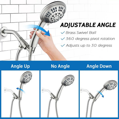 High Pressure Shower Head With Six Spray Settings, solid brass arm mount, adjustable angles, brushed nickel finish