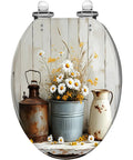 Elongated Toilet Seat QuietClose for Farmhouse Bathroom with floral design, featuring daisies and rustic decor.