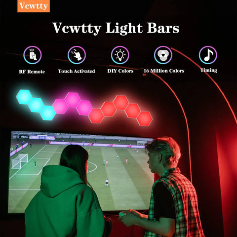 Hexagonal Wall Light Kit With Modular Touch Sensing Panels Dope 10 Pack LED Geometric Wall Lamps near a TV screen