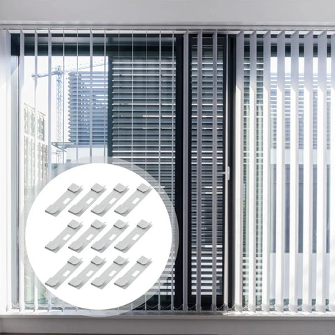 12 Piece White Metal Vertical Blind Repair Tabs Heavy Duty Replacement Clips For Window Shades No Sweat Install Snap Right On Keeps Your Blinds Looking Clean And Rolling Smooth All Day Long displayed over window blinds.
