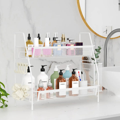2 Tier Bathroom Organizer Countertop With Metal Wire Mesh Basket Hooks And Vanity Tray Shelf Kitchen Spice Rack White Finish