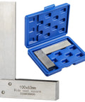 Two steel machinist squares: a 4x2.5in right-angle square in a blue case and a 100x63mm wide-seat square.