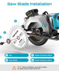 Side view of Seesii mini circular saw with laser guide; exploded blade-installation diagram showing nut, plates, and blade.
