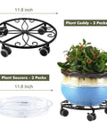 Three Pack Heavy Duty Plant Caddies With Wheels 11.8 Inch Metal Plant Dollies Rolling Stands with saucer and potted plant