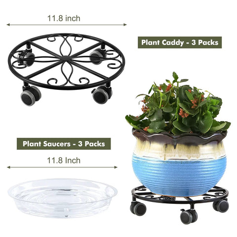 Three Pack Heavy Duty Plant Caddies With Wheels 11.8 Inch Metal Plant Dollies Rolling Stands with saucer and potted plant