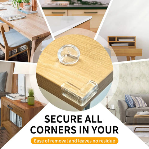 Baby Proof Corner Guard Kit 40 Pack, Clear Table Edge Bumpers And Sharp Corner Shields For Toddler Home Safety, clear corner guard on wooden table edge.