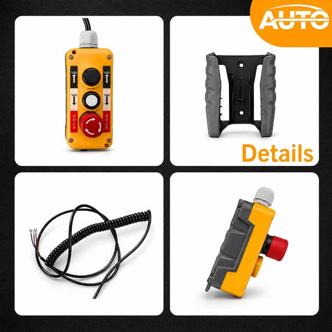 2 Button Crane Pushbutton Switches With Box Holder And 15 Inch Cable showing front and side views, cord, and mount holder for industrial use.