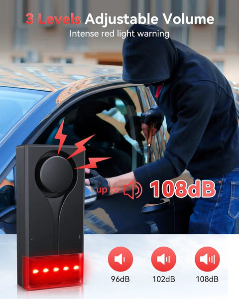 High Sensitivity Car Vibration Alarm With Remote, 108dB Siren And LED Flashing Security Light mounted on car door