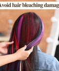 Person with long hair highlighted in red, purple, and black tones, with a text overlay 'Avoid hair bleaching damage'.