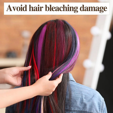 Person with long hair highlighted in red, purple, and black tones, with a text overlay 'Avoid hair bleaching damage'.