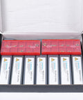 21-piece lathe turning tool kit with 3/8 in shank; 7 holders and 14 carbide inserts in red cases (top view).
